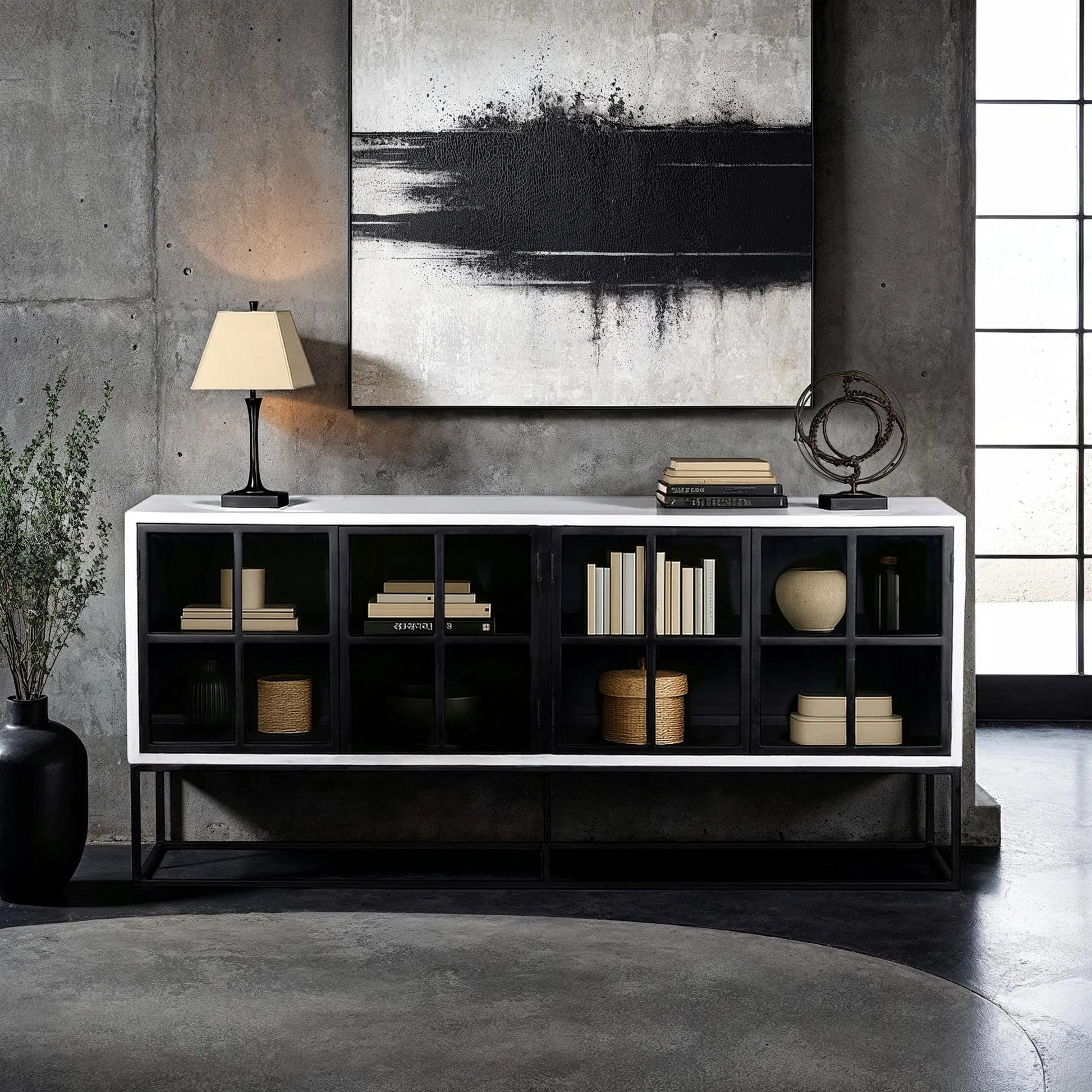 Caged Sideboard by LH Imports in white, black and white, black. Made from mango wood, metal frame, tempered glass in a unique style.
