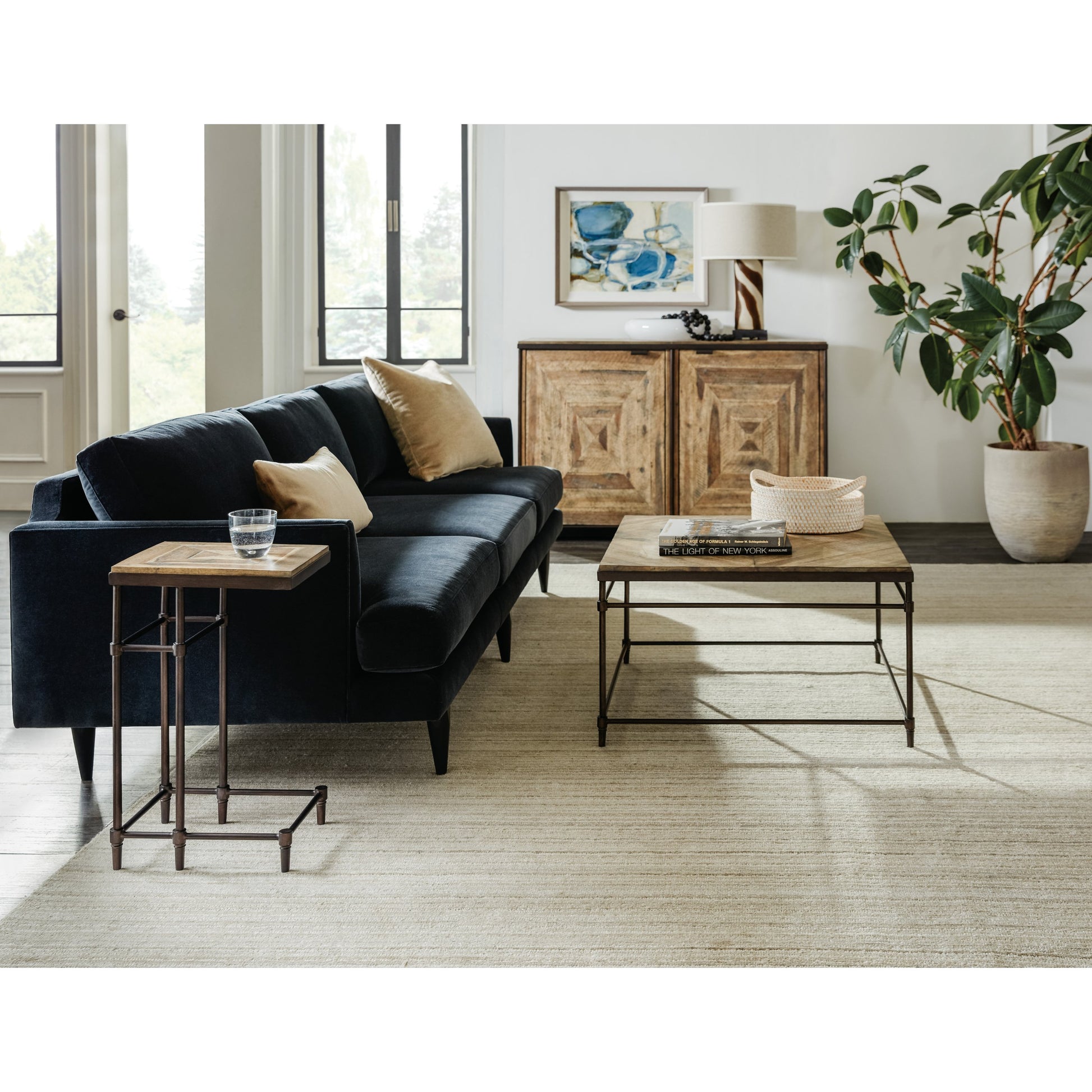 St. Armand Square Cocktail Table by Hooker Furniture. Made from acacia solids with round metal tube, metal sheet in a modern style.