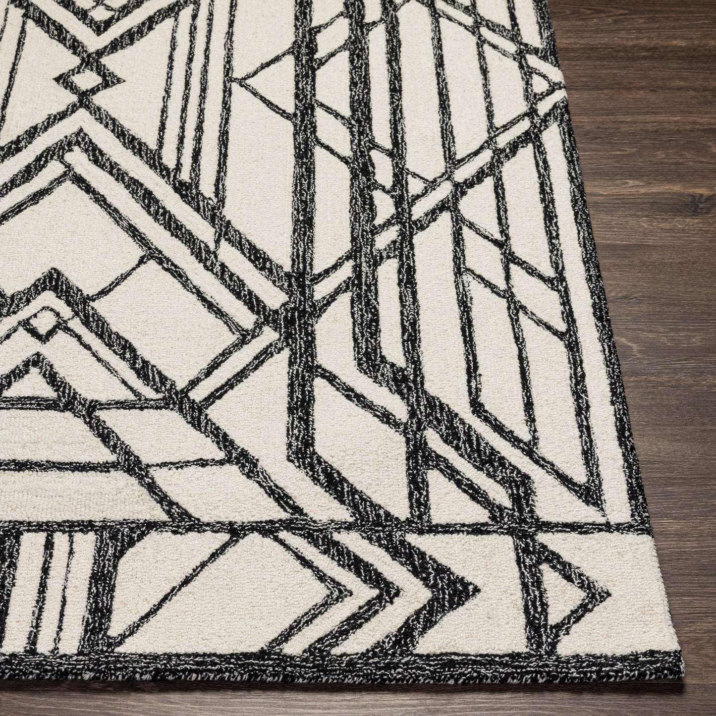 004 SI-1756465,SI-1756468 | Closeup | Arsenal Rug - 29509 by Livabliss in black, cream. Made from 100% wool in a unique style.
