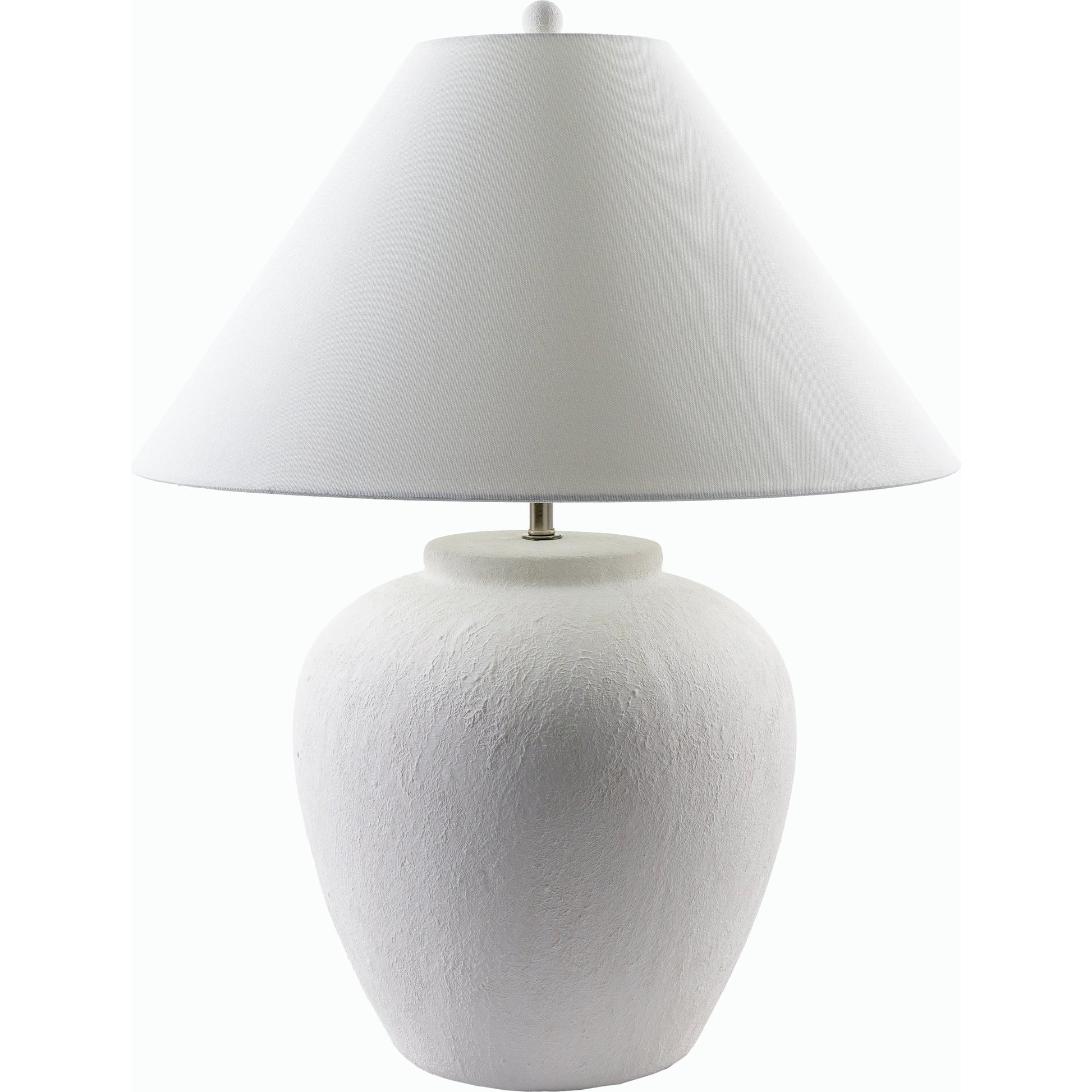 Arion Accent Table Lamp by Surya in body: cream, base: white, shade: white, finial: metallic - nickel, harp: metallic - nickel, cord: translucent and paintedglazedplated. Made from ceramic, linen, iron in a modern style.