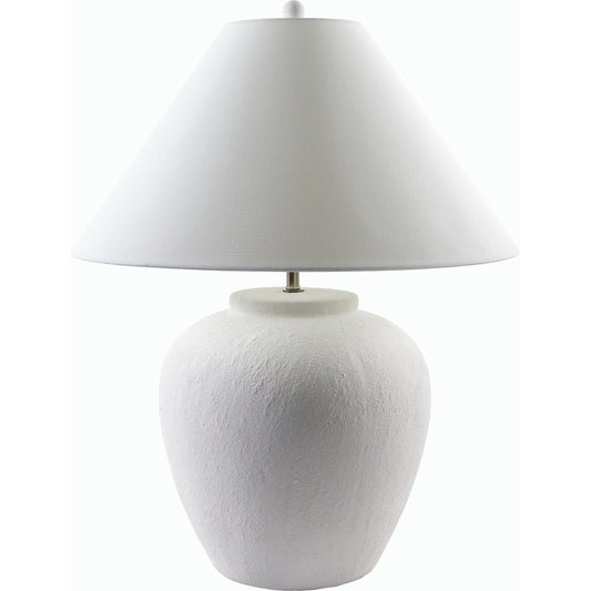 Arion Accent Table Lamp by Surya in body: cream, base: white, shade: white, finial: metallic - nickel, harp: metallic - nickel, cord: translucent and paintedglazedplated. Made from ceramic, linen, iron in a modern style.