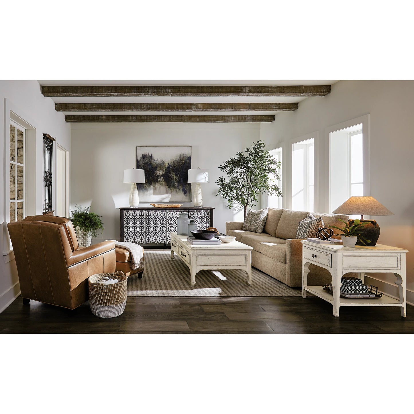 005 SI-2185751 | Lifestyle | Americana Entertainment 4-Door Credenza by Hooker Furniture in molasses. Made from oak veneers with solid-wood edge top in a modern style.