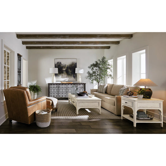 Americana Rectangle Cocktail Table by Hooker Furniture in whites, creams, beiges and worn white finish. Made from oak veneers with solid-wood edge top in a modern style.