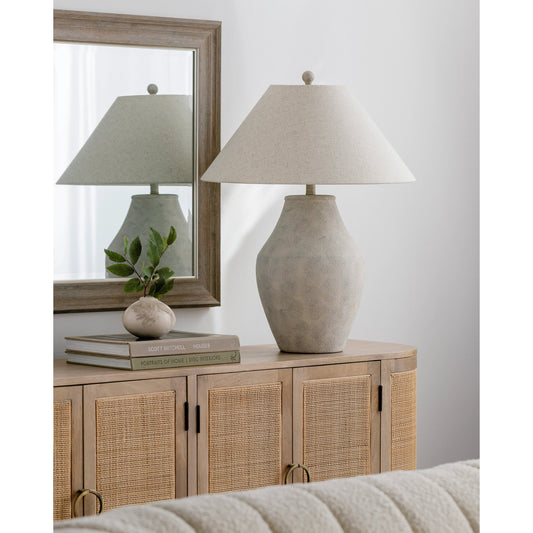 Amaryllis Lamp - 531302 by Surya in beige. Made from body: ceramic, shade (outside): linen, shade (inside): metal, finial: plastic in a modern style.