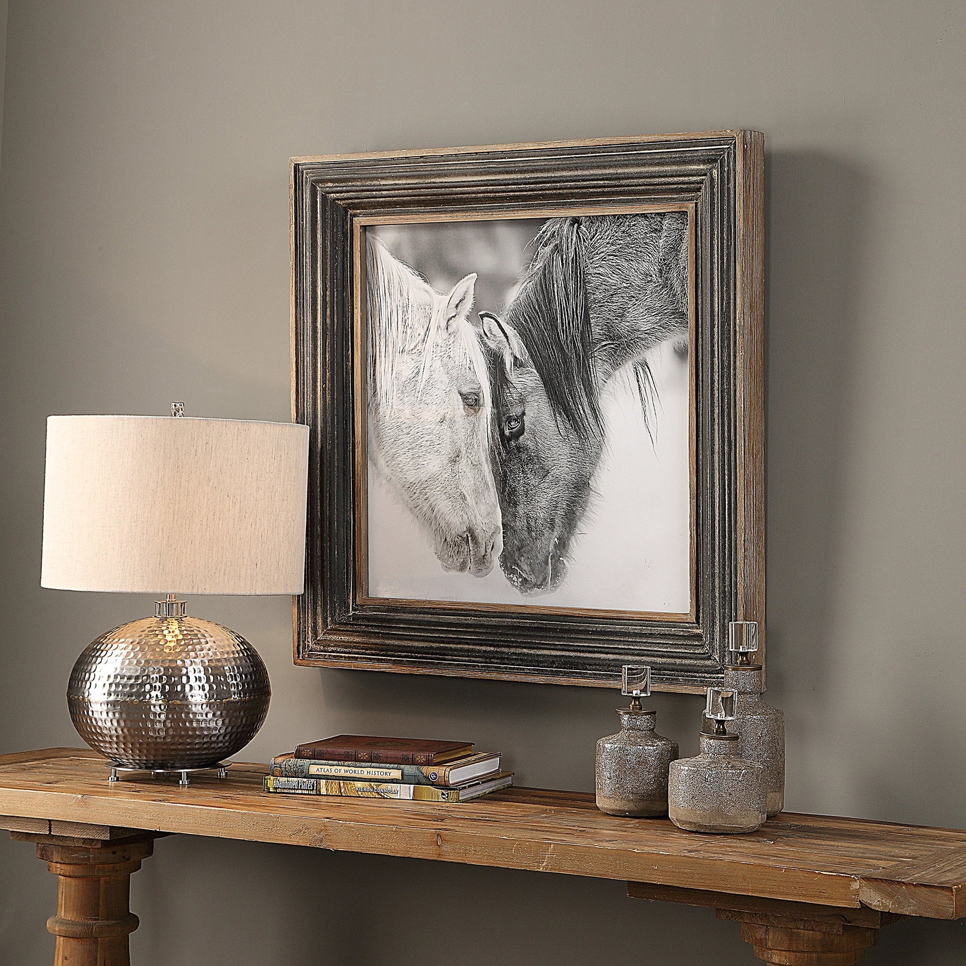 Black and White Horses Print by Uttermost in multi and black. Made from mdf, glass, iron, paper in a rustic style.