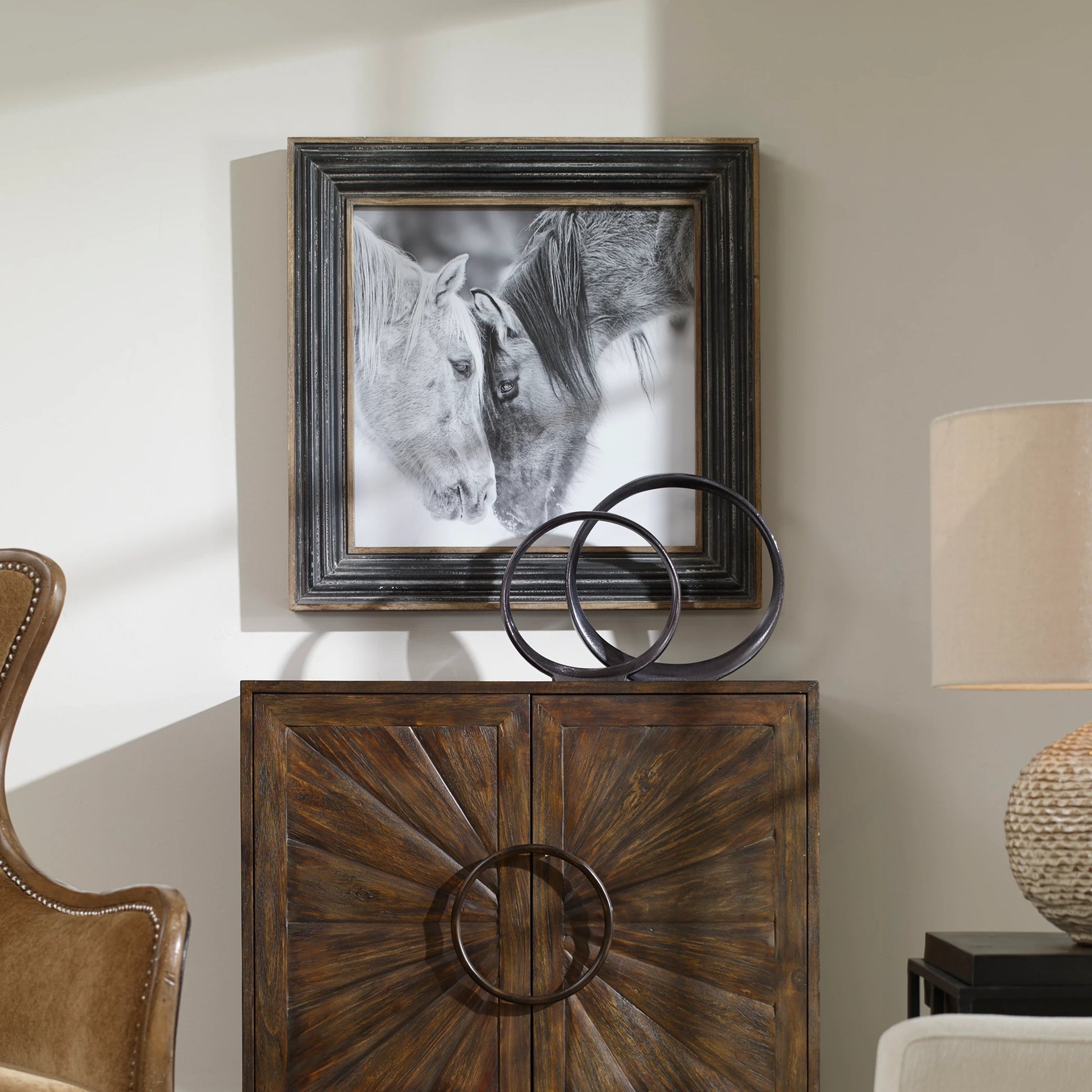 Black and White Horses Print by Uttermost in multi and black. Made from mdf, glass, iron, paper in a rustic style.