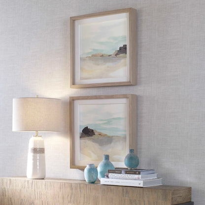 Glacial Coast Framed Prints by Uttermost in multi and natural pine. Made from pine, mdf, veneer, linen in a coastal style.