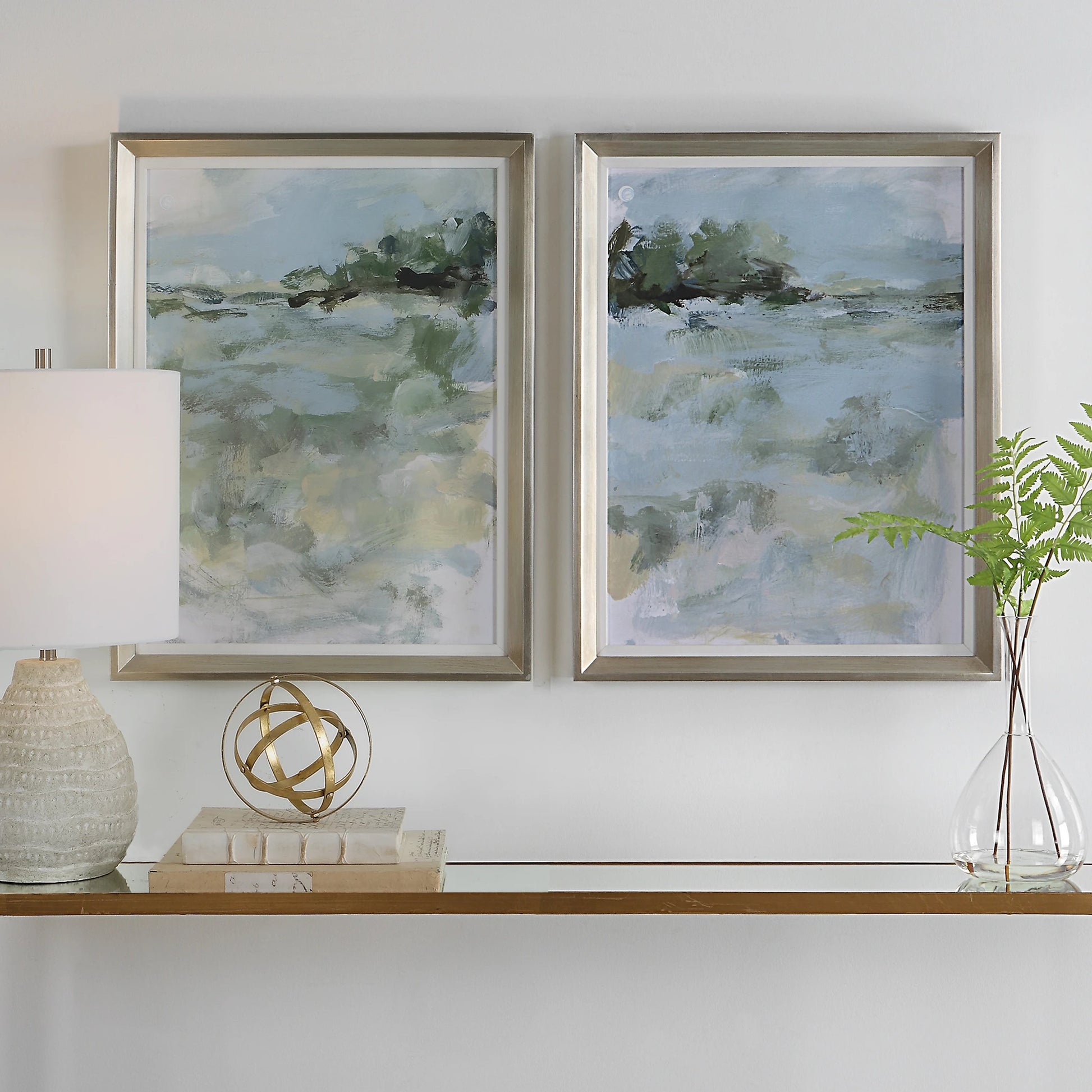 Far Away View Framed Prints by Uttermost in multi and champagne silver. Made from pine, mdf, linen, paper in a modern style.