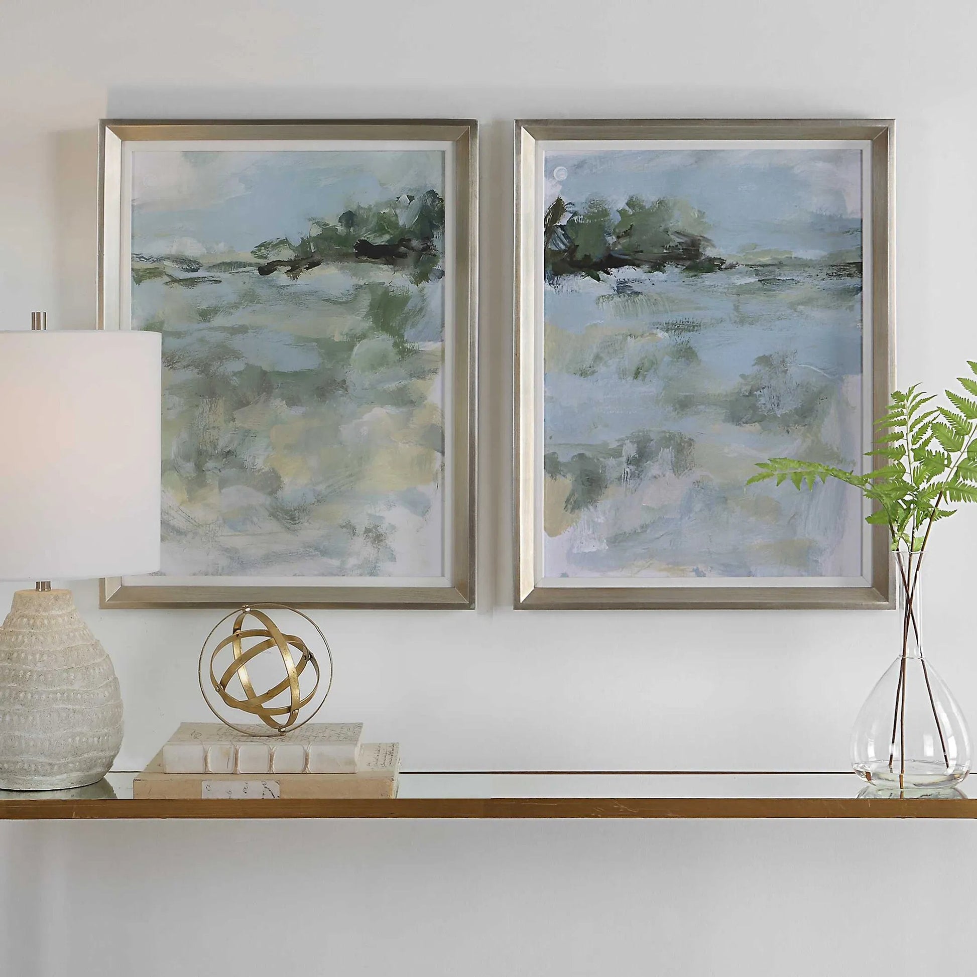 Far Away View Framed Prints by Uttermost in multi and champagne silver. Made from pine, mdf, linen, paper in a modern style.