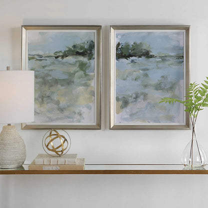 Far Away View Framed Prints by Uttermost in multi and champagne silver. Made from pine, mdf, linen, paper in a modern style.