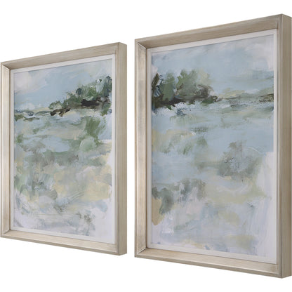 Far Away View Framed Prints by Uttermost in multi and champagne silver. Made from pine, mdf, linen, paper in a modern style.