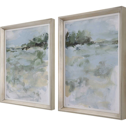 Far Away View Framed Prints by Uttermost in multi and champagne silver. Made from pine, mdf, linen, paper in a modern style.
