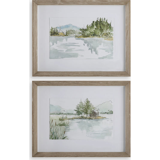 Serene Lake Framed Prints by Uttermost. Made from pine, mdf, glass, paper, veneer in a modern style.