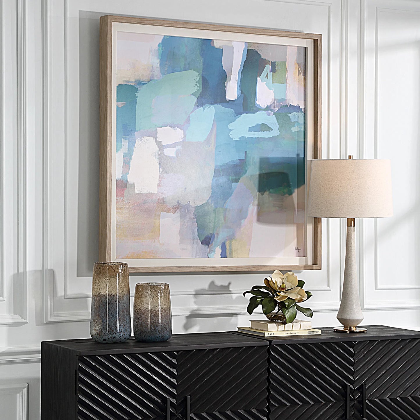 006 SI-2262463 | Lifestyle | Continue on Abstract Framed Print by Uttermost. Made from pinewood, mdf, veneer, linen, paper in a unique style.