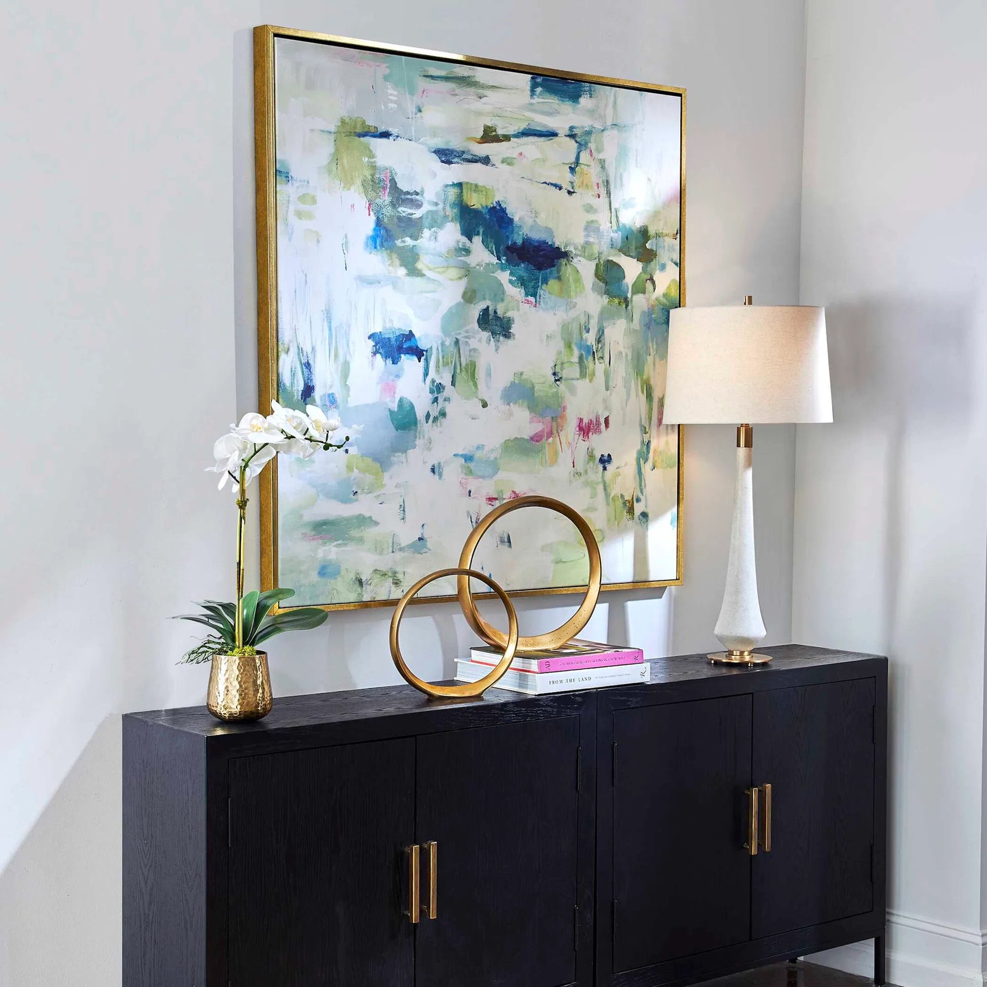 Abstract Reflections Framed Canvas by Uttermost in gold. Made from solid wood, canvas in a modern style.