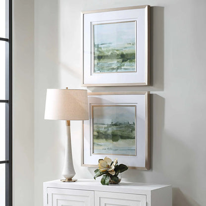 Soft Sage Abstract Landscape Prints by Uttermost. Made from plastic, glass, mdf, paper in a transitional style.
