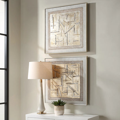Unpredictable Hand Painted Canvases by Uttermost in champagne. Made from canvas, linen, gypsum, pine wood in a modern style.