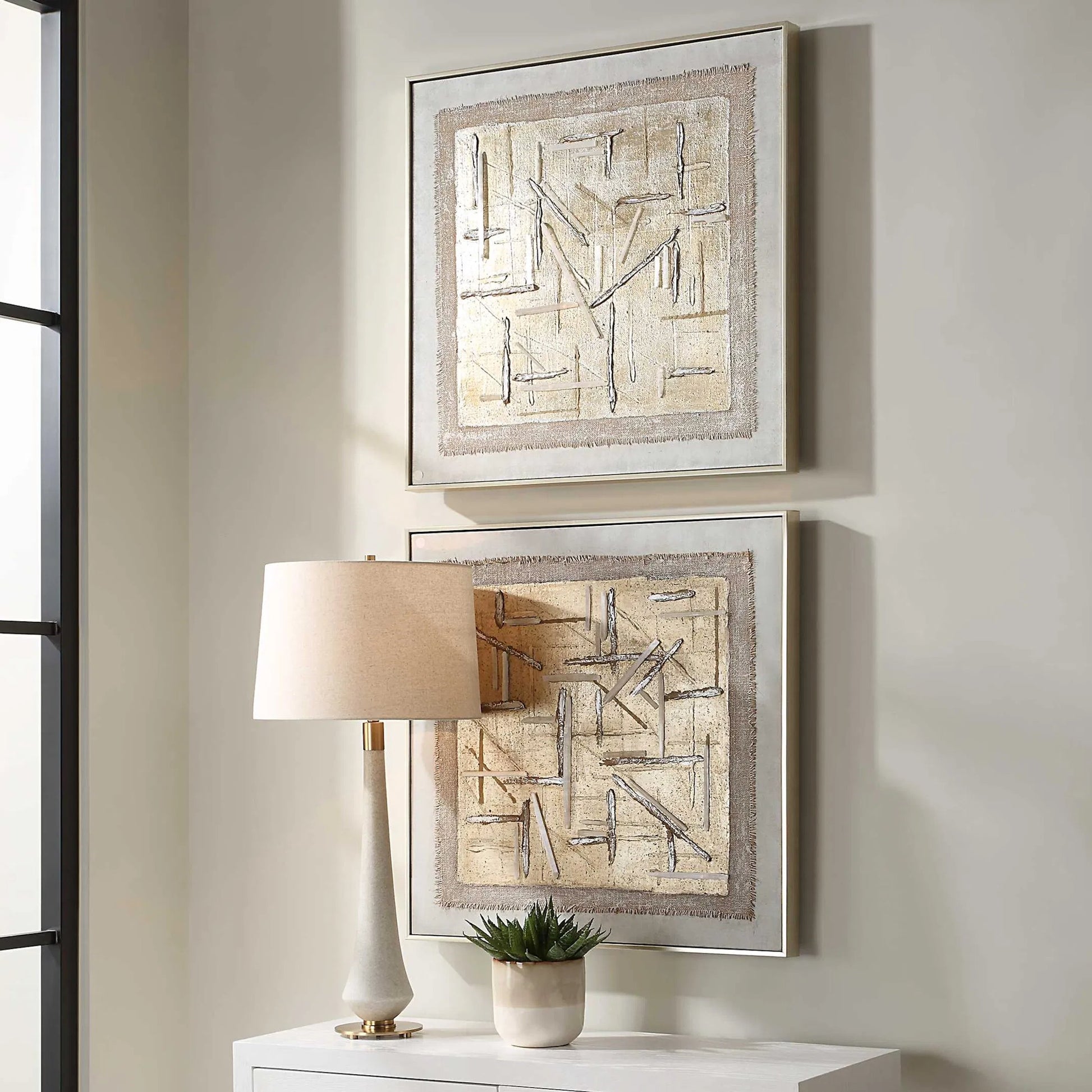 Unpredictable Hand Painted Canvases by Uttermost in champagne. Made from canvas, linen, gypsum, pine wood in a modern style.