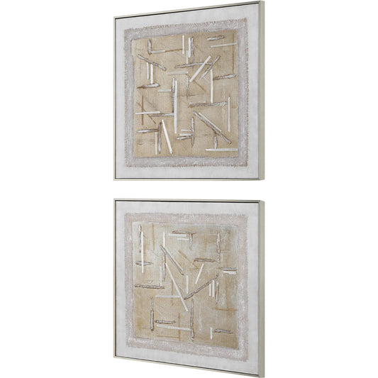 Unpredictable Hand Painted Canvases by Uttermost in champagne. Made from canvas, linen, gypsum, pine wood in a unique style.