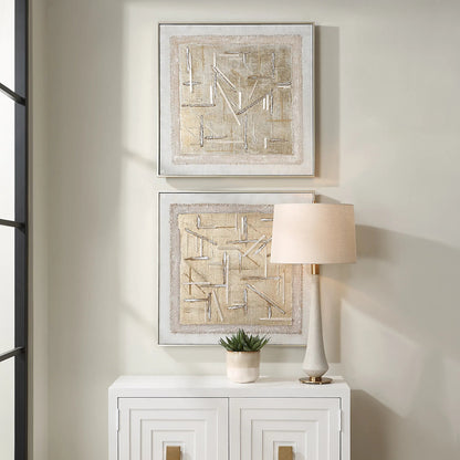 Unpredictable Hand Painted Canvases by Uttermost in champagne. Made from canvas, linen, gypsum, pine wood in a modern style.