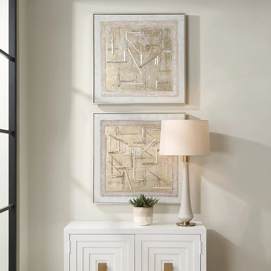 Unpredictable Hand Painted Canvases by Uttermost in champagne. Made from canvas, linen, gypsum, pine wood in a unique style.