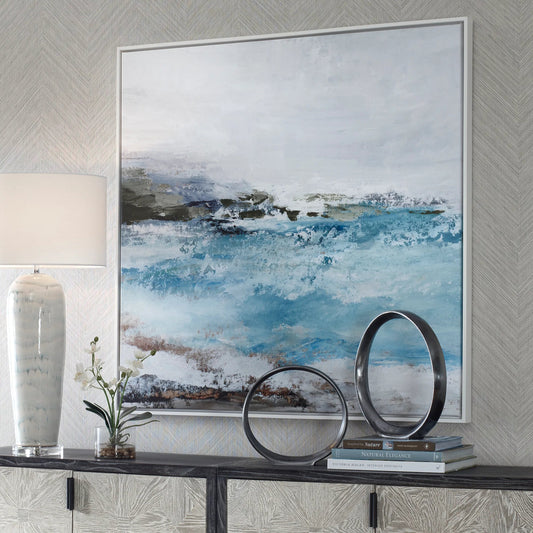 Essence Coastal Framed Canvas by Uttermost in blue. Made from solid wood, canvas in a transitional style.