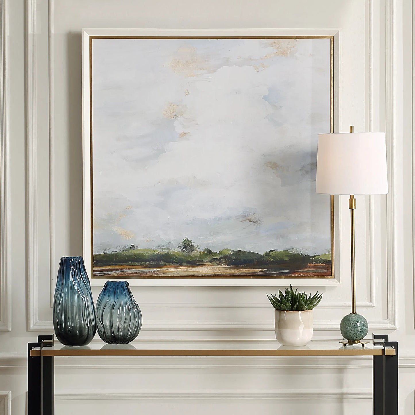 001 SI-2295325 | Lifestyle | Whispering Cloudscapes Landscape Print by Uttermost. Made from pine, mdf, paper, veneer, linen in a cottage & farmhouse style.