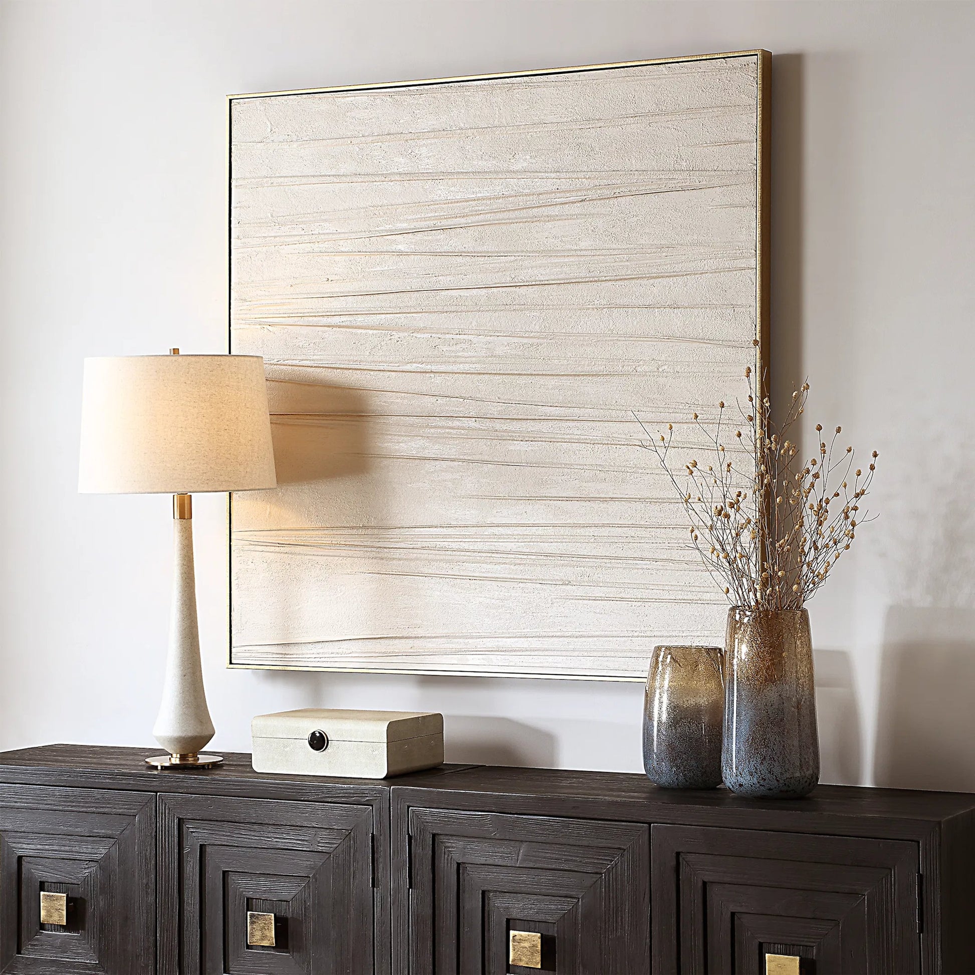 Walking the Line Minimalist Canvas Art by Uttermost. Made from pinewood, canvas, mdf, ps frame in a transitional style.