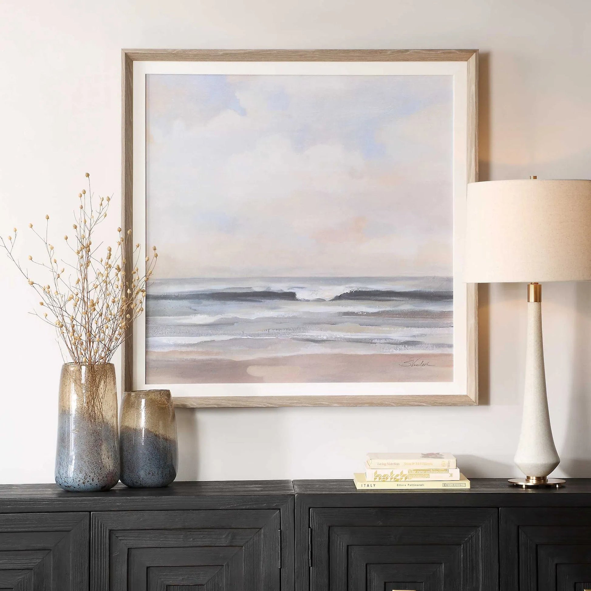 Haze Framed Print by Uttermost. Made from pine, mdf, veneer, paper, linen in a coastal style.