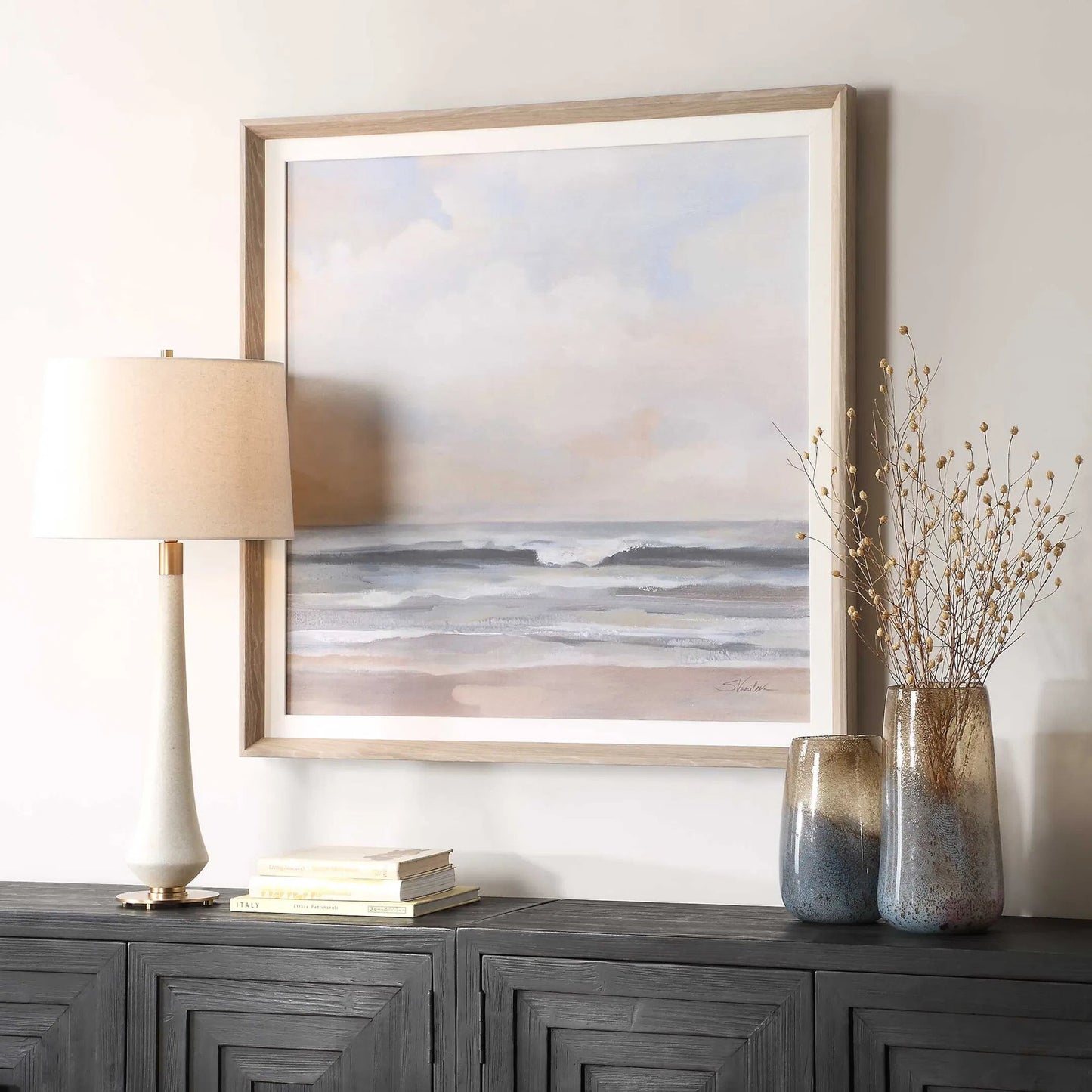 008 SI-2355253 | Lifestyle | Haze Framed Print by Uttermost. Made from pine, mdf, veneer, paper, linen in a coastal style.