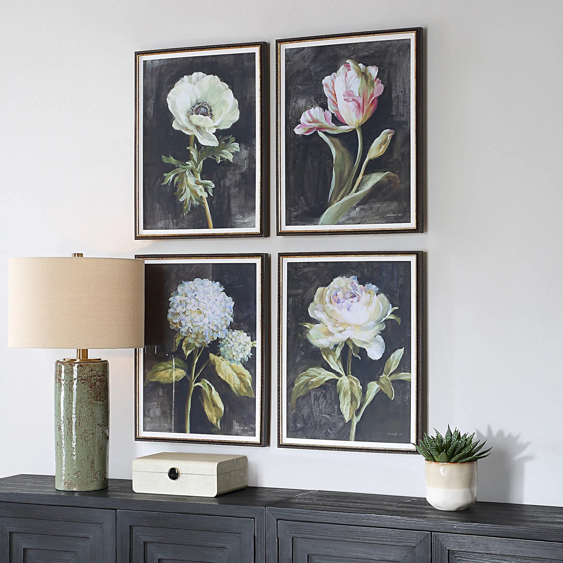 Florals on Black Framed Prints by Uttermost. Made from plastic, glass, mdf, paper, linen in a traditional style.