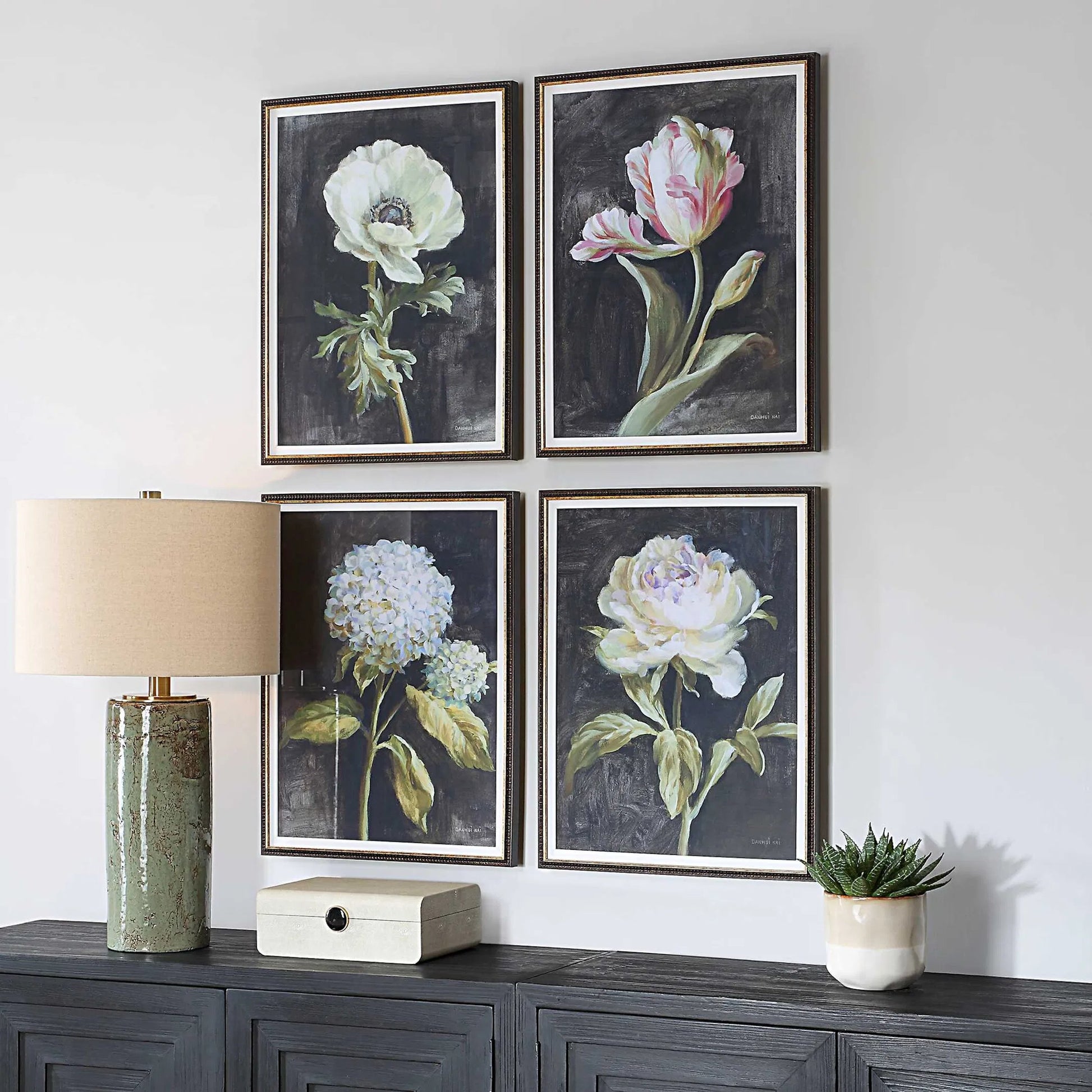 Florals on Black Framed Prints by Uttermost. Made from plastic, glass, mdf, paper, linen in a traditional style.