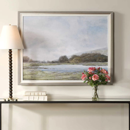 Restful Vista-Awe Landscape Art by Uttermost in gray wash, gold. Made from plastic, mdf, paper, linen, veneer in a unique style.