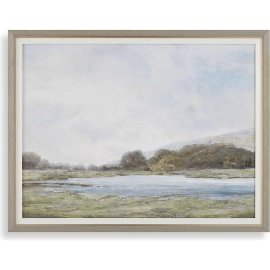 Restful Vista-Awe Landscape Art by Uttermost in gray wash, gold. Made from plastic, mdf, paper, linen, veneer in a unique style.