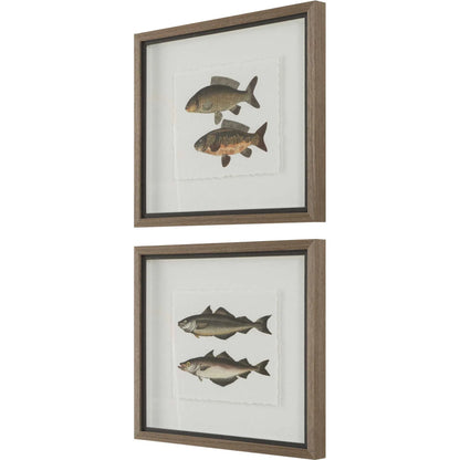The Catch Framed Fish Prints by Uttermost in rustic gray. Made from plastic, glass, mdf, paper in a coastal style.