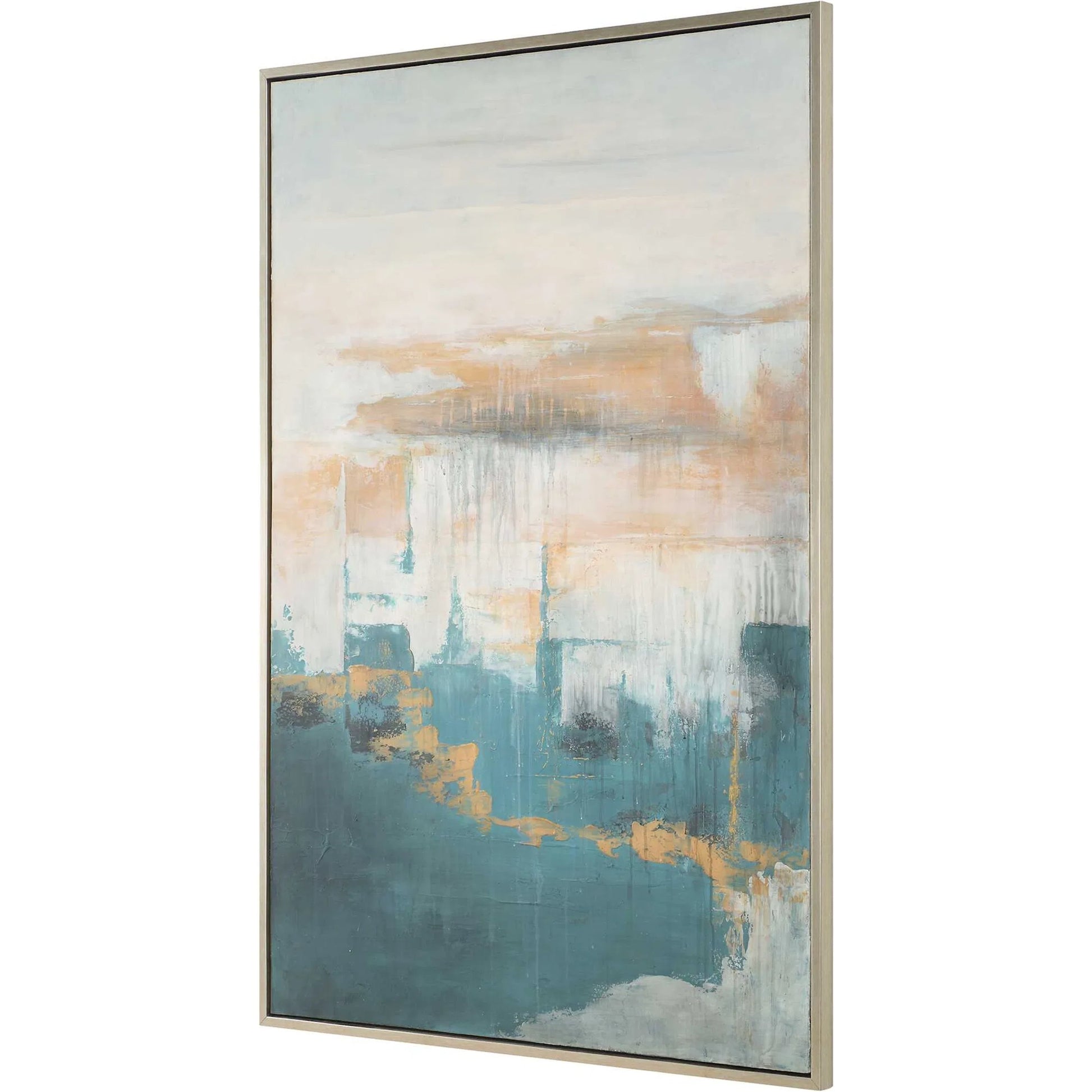 Eastside Abstract Coastal Art by Uttermost in blue, green, beige. Made from canvas, pine wood, mdf, acrylic in a transitional style.