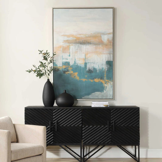 Eastside Abstract Coastal Art by Uttermost in blue, green, beige. Made from canvas, pine wood, mdf, acrylic in a unique style.