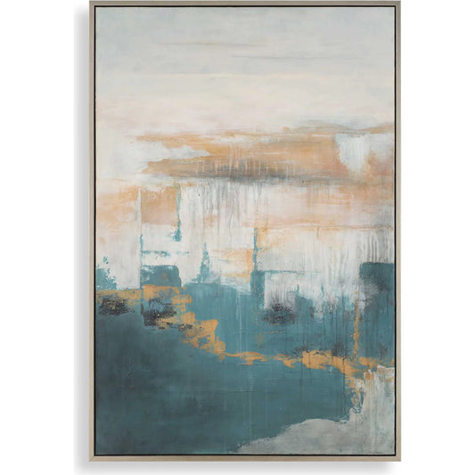 Eastside Abstract Coastal Art by Uttermost in blue, green, beige. Made from canvas, pine wood, mdf, acrylic in a unique style.