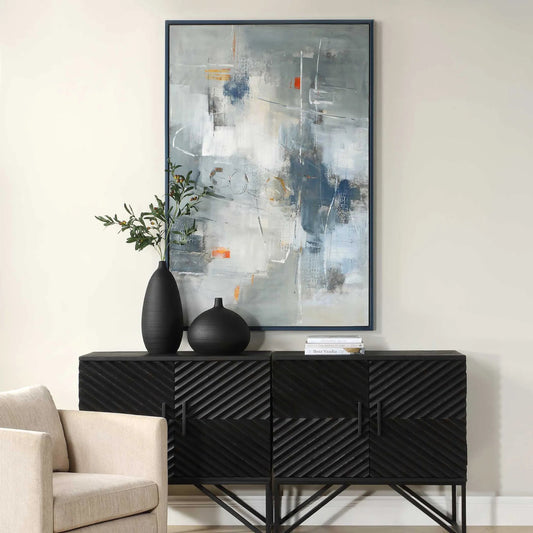 Blueprint Hand Painted Modern Art by Uttermost in blue, gray, white. Made from canvas, pine wood, mdf, acrylic in a unique style.