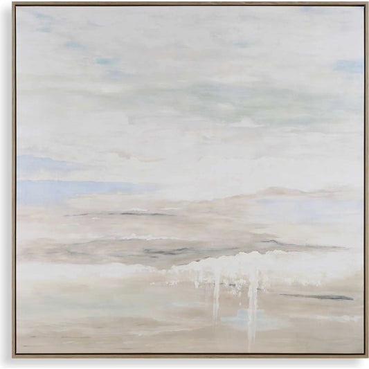 Gravity Abstract Landscape Art by Uttermost in pastel blue, taupe, ivory. Made from pinewood, canvas, wood veneer in a unique style.
