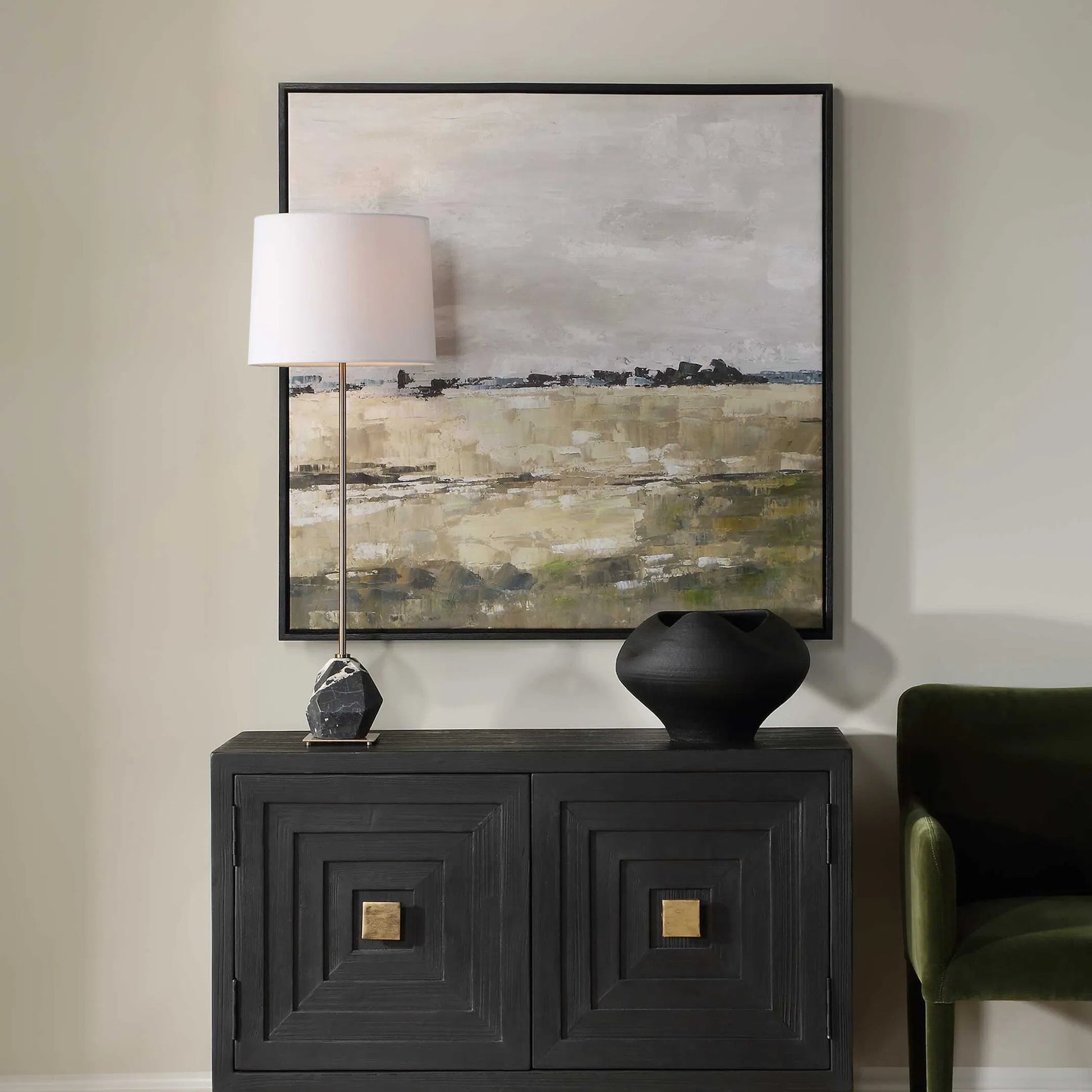 Fragment Hand Painted Landscape Art by Uttermost in gray, green, beige, black. Made from pinewood, canvas, black oak veneer in a transitional style.