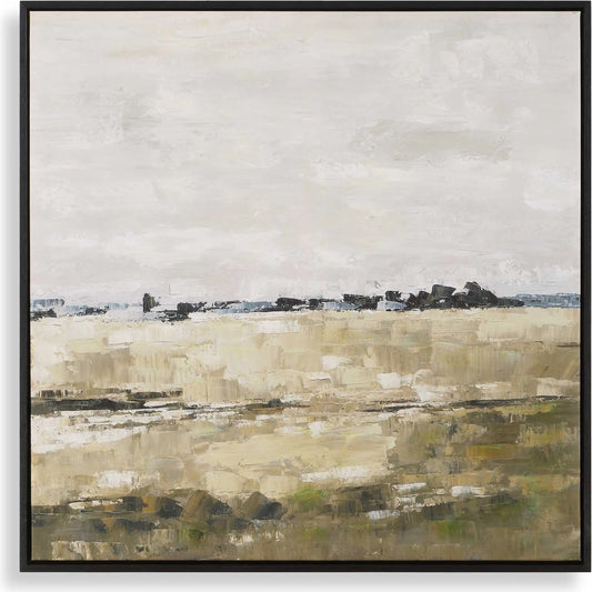 Fragment Hand Painted Landscape Art by Uttermost in gray, green, beige, black. Made from pinewood, canvas, black oak veneer in a unique style.
