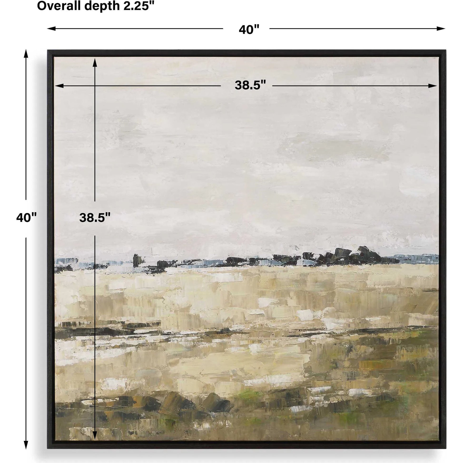 Fragment Hand Painted Landscape Art by Uttermost in gray, green, beige, black. Made from pinewood, canvas, black oak veneer in a transitional style.