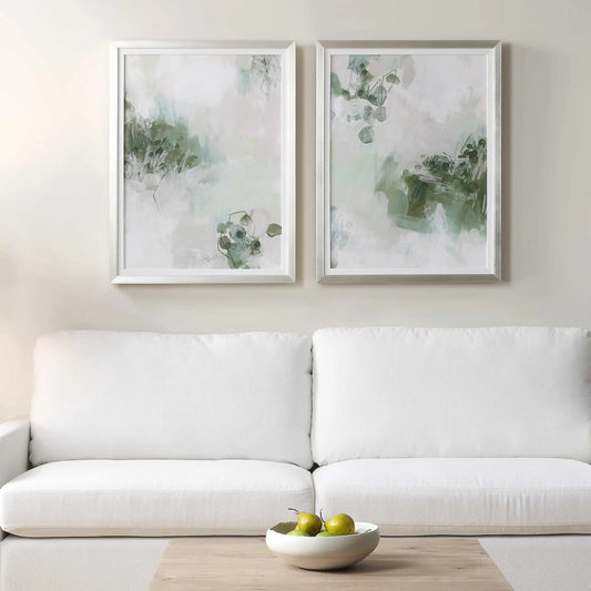 Heat of the Moment Hand Painted Canvas by Uttermost in green, gray and champagne silver. Made from plastic, mdf, linen, paper in a unique style.