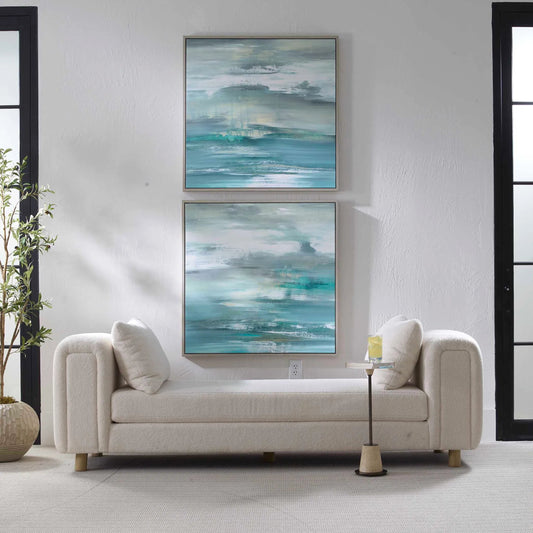 Tranquil State of Mind Framed Canvases by Uttermost in blue, gray, green, white, yellow and gray. Made from solid wood, canvas in a unique style.