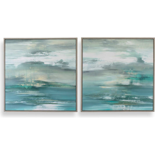 Tranquil State of Mind Framed Canvases by Uttermost in blue, gray, green, white, yellow and gray. Made from solid wood, canvas in a unique style.