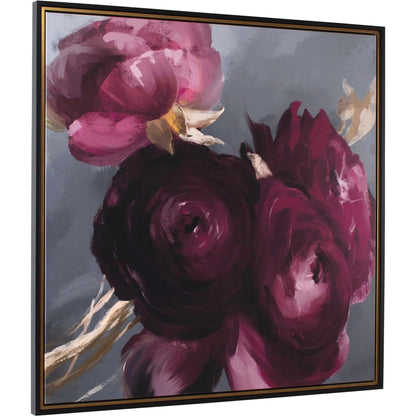 Plum Ranculus Framed Floral Art by Uttermost in black, gold. Made from solid wood, canvas in a traditional style.
