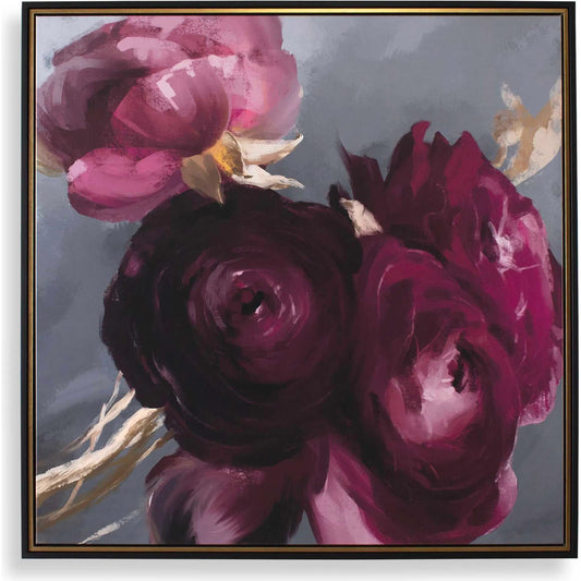 Plum Ranculus Framed Floral Art by Uttermost in black, gold. Made from solid wood, canvas in a unique style.