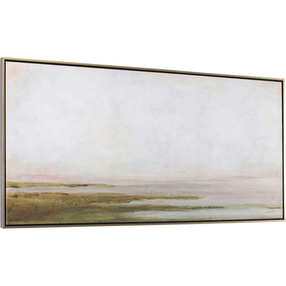 Hazy Lake Framed Landscape Art by Uttermost in gold. Made from solid wood, canvas in a coastal style.