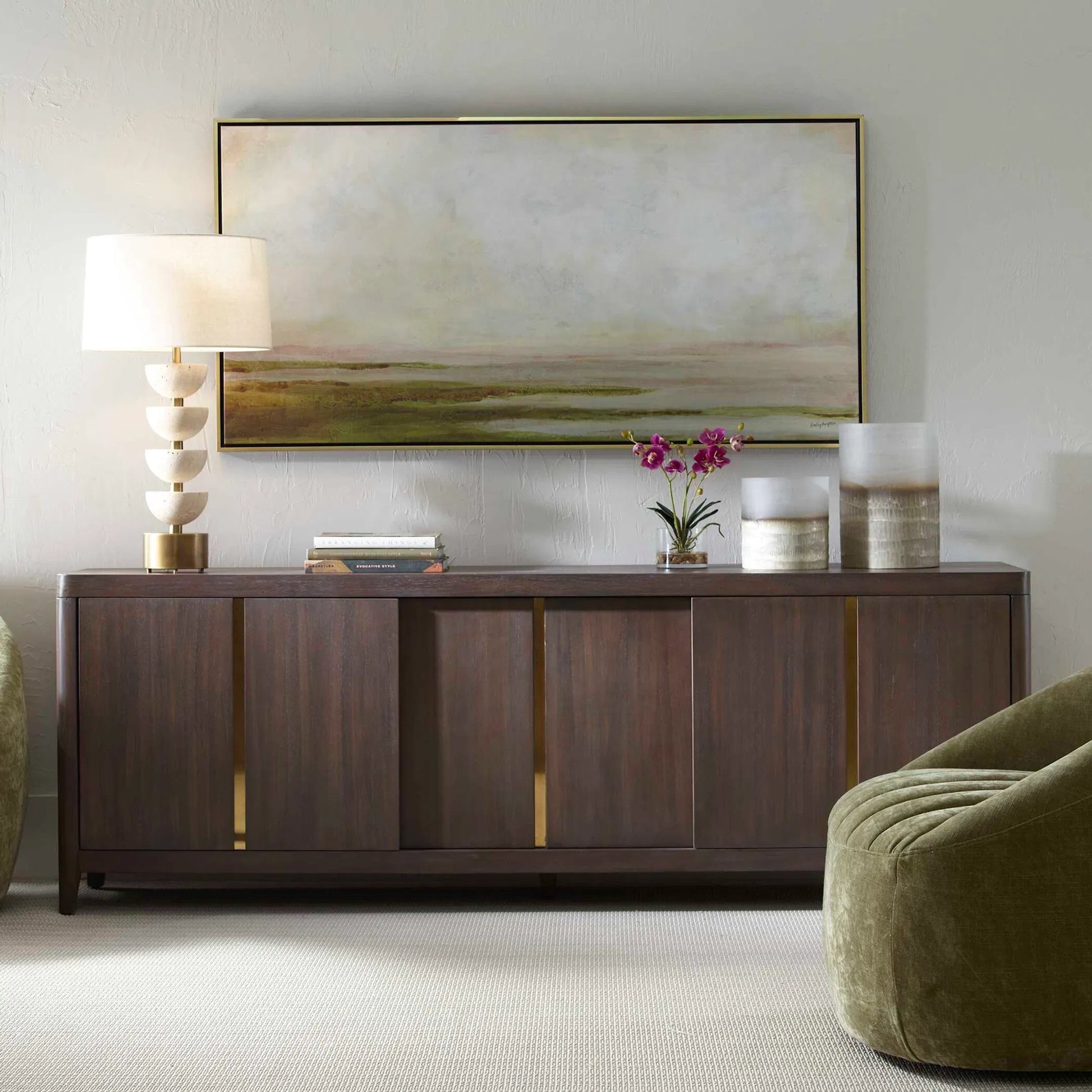 Hazy Lake Framed Landscape Art by Uttermost in gold. Made from solid wood, canvas in a coastal style.